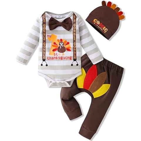 Gavol Thanksgiving Baby Boy Outfit Infant Boy Striped Gentleman Bodysuit Turkey Pants with Hat First Boys Thanksgiving Outfit 3-6 Months Cover