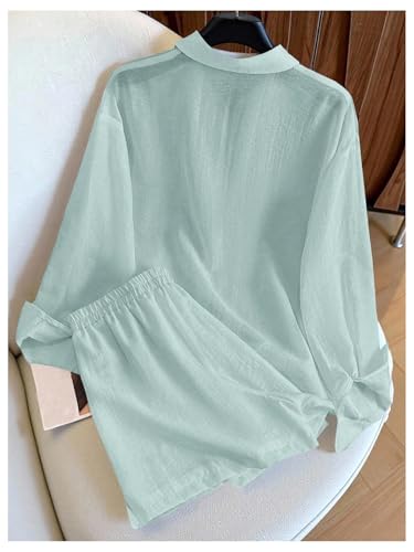 Image of SweatyRocks Women's 2 Piece Outfits Button Down Shirts Lounge Linen Sets and Mini Shorts Pajama Gauze Set Beachwear