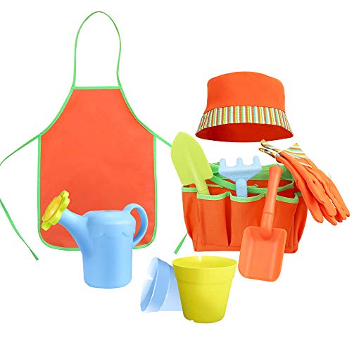 Megawodar Kids Garden Tools Set with Sun Hat,Gloves,Apron,Storage Bag,Watering can,2pcs