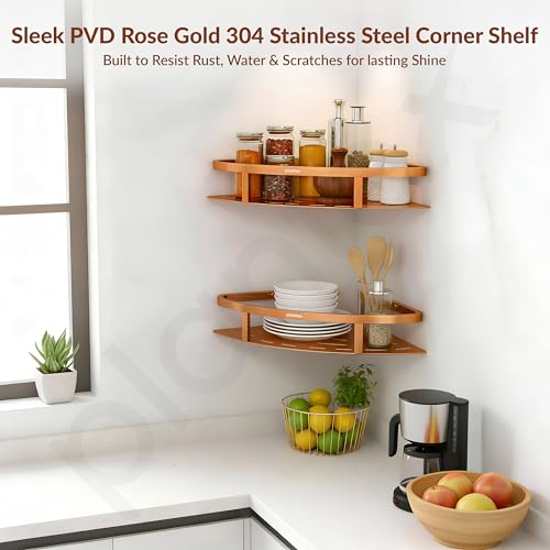 Image of Plantex Corner Shelf for Bathroom Wall Mount /304 Grade Stainless Steel Bathroom Corner Shelf /Bathroom Accessories Holder for Wall (9x9 inches, PVD Rose Gold)