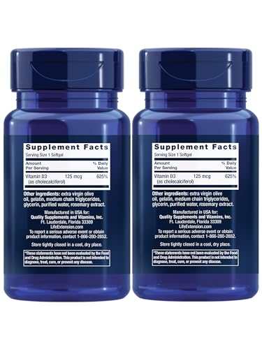 Image of Life Extension Vitamin D3 125 Mcg (5000 Iu) - Promotes Bone Health, Brain Health and Immune Function - Non-GMO - Gluten-Free - Two Pack - 2 x 60 Softgels