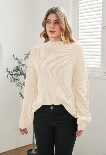 Sovoyontee Women's 2025 Fall Oversized Crewneck Long Puff Sleeve Chunky Knit Pullover Sweater Tops3