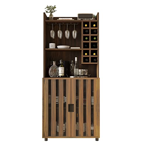 Apepro Wine Bar Cabinet For Liquor And Glasses With 12 Wine Bottle Racks, Kitchen Hutch Storage Cabinet For Living, Dinning Room, Hallway—Doors That Combine Wire Mesh With Wood #TOP6
