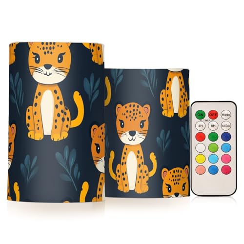 famyily Velas LED sin llama con patrón de hojas de guepardo con diseño de dibujos animados sin llama con cambio de color para exteriores, 4 pulgadas y 5 pulgadas, juego de 2