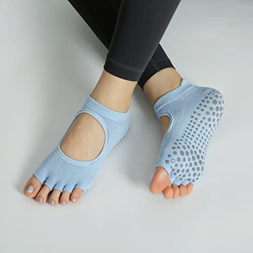 Image of Yoga Pilates Toe Socks Toeless Socks with Grips for Women Non Slip Cushioned Low Cut Ankle Socks for Dance