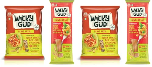 Image of WickedGud 2X Fiber Penne & Spaghetti Pasta Combo | No Maida | Durum Wheat Semolina | Brown Rice | Red Lentils | Healthy Diet Pasta - 400gm x 2 (Pack of 2)