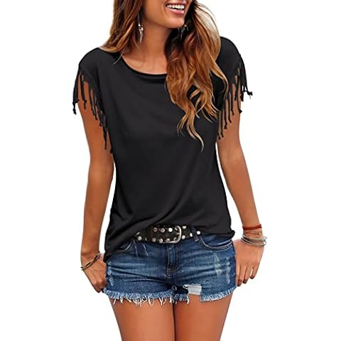 Cosonsen Women's Tassel Short Sleeve Round Neck T-Shirt Top Casual Summer Tee Cover