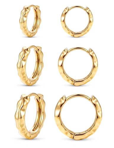 JeweBella 3 Pares Pendientes Aros Mujer Plata Dorados Hipoalergénicos Ligeros Bañado Oro 14K Pequeños Pendientes de Oro Joyas Antialérgicos 8/10/12mm