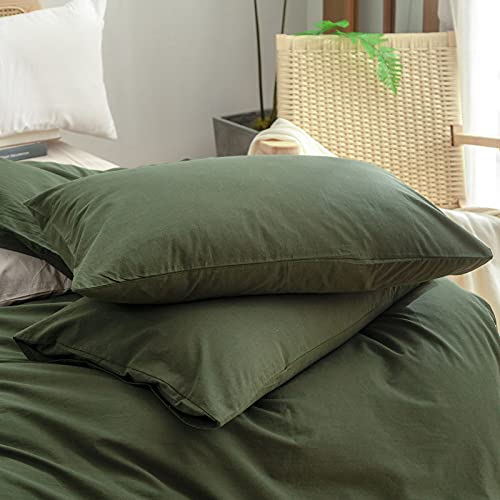 Image of BESTOUCH Cotton Solid Duvet Cover Set Olive Green Oversized Queen | 100% Washed Cotton, Soft Wrinkle Texture, Hidden Zipper, 8 Ties, Breathable Lightweight Durable Comfy, 3 Pcs No Insert