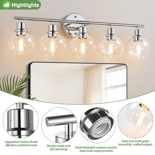 Image of Indoi 5-Light Bathroom Light Fixture, Chrome Bathroom Wall Light with Clear Glass Globe Shades, Modern Vanity Lights Over Mirror for Bathroom, Bedroom, Kitchen, Living Room, Hallway