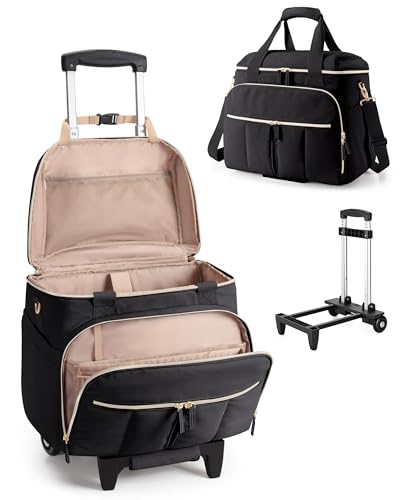 Rolling Teacher Bag with 15.6" Laptop Compartment & Accordion File Organizer, Wheeled Work Briefcase Tote with Detachable Trolley for Women, Black