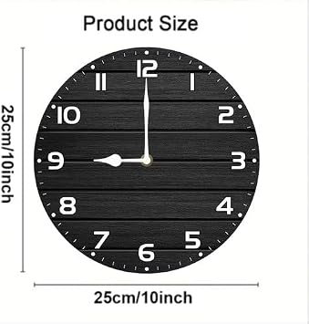 Black Wall Clock 10inch Wooden Round Farmhouse Clock Silent Non-Tick Battery Operated for Farmhouse Kitchen Bathroom Bedroom Wall Decor