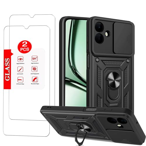 for Samsung Galaxy A07 Case with [2 Pack] Tempered Glass Screen Protector, for Galaxy A07 4G Heavy Duty [Military-Grade] Protective，with Lens Protects Kickstand Ring Holder Holder Phone Case