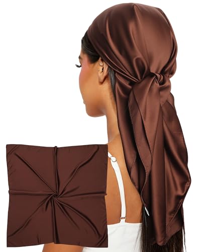 AWAYTR 35 Satin Head Scarves Women Like Silk Scarf Hair Bandanas Women Matte Neck Scarf Head Wrap Hair Headscarf (Dark Brown)