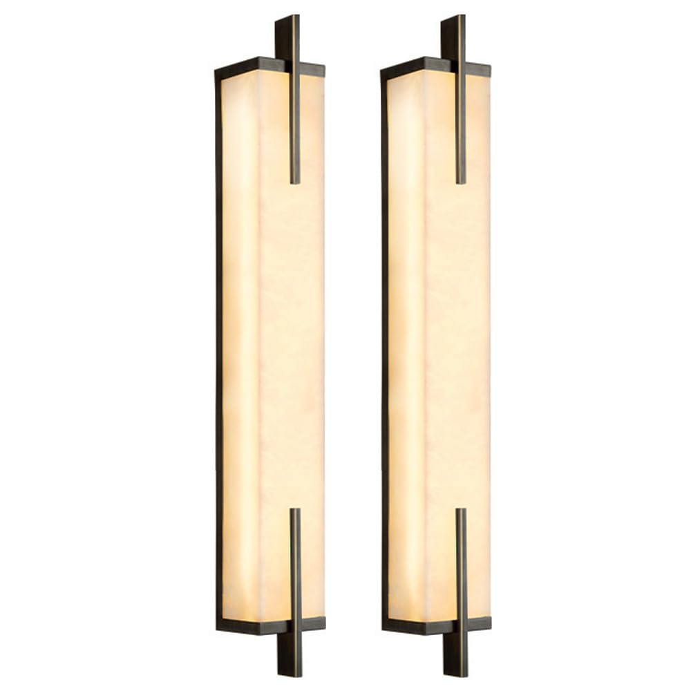 TRIVIDHA Alabaster Sconces Set Of Two Modern Marble Wall Lights Long Linear Stone Marble Wall Sconce Lighting Bathroom Vanity Light Fixture Brass Bedroom Wall Mount Lamp For Living Room Hallway Restau