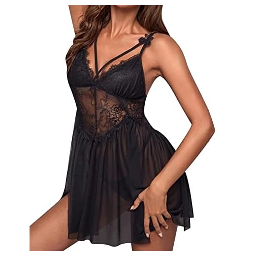 Rayson Babydoll Mujer de Encaje Picardias sin Mangas Camison de Encaje Ropa 2 Piezas Lencería Conjunto con Tanga(Negro)