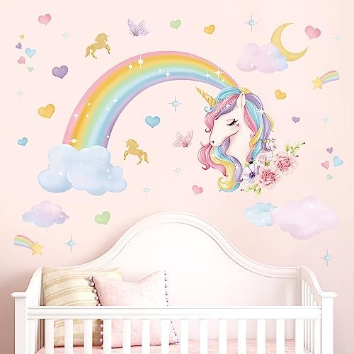 wondever Rainbow Wall Stickers Unicorn Clouds Peel and Stick Wall Art Decals for Girls Bedroom Kids Room Baby Nursery 2 41C0J6BFQ9L. AC