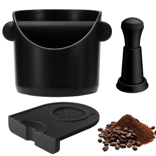 Espresso Coffee Knock Box Set - 3 Piece Grounds Bin with Removable Knock Bar, Cushion & Stirring Needle - Essential Coffee Machine Accessories