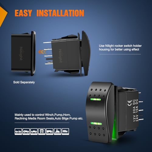 Image of Nilight Waterproof 7Pin Rocker Switch with Jumper Wires Green | Toggle ON Off ON Switches DPDT 12V 24V Winch Pump Switch for Cars Trucks Caravans Boats RV SUV ATV UTV