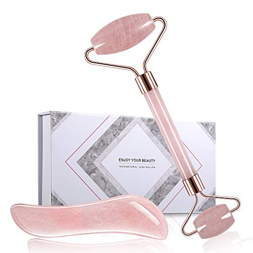 2 in 1 Rose Quartz Roller and Gua Sha Set,Jade Roller for Face,100% Natural Rose Quartz Crystal Jade Facial Roller,Anti Aging Facial Skin Jade Roller Massager,Reduces Puffiness,Tightens Skin