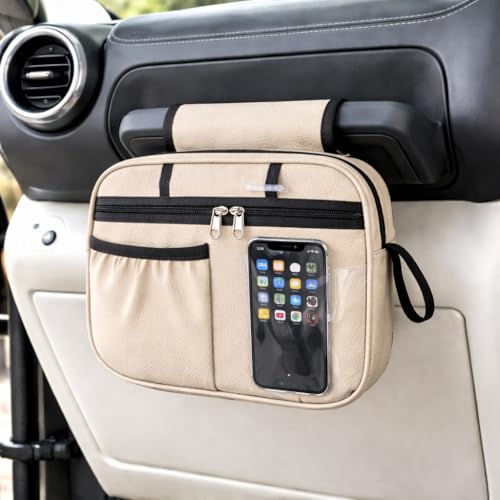 Image of Grab Handle Bag | Dashboard Grab Handle Storage Organiser Bag | 2 Compartments with Transparent Pocket | Compatible with Thar, Jimny, Gypsy, Jeep, Gurkha and other SUVs and Car | PU Leather (Beige)