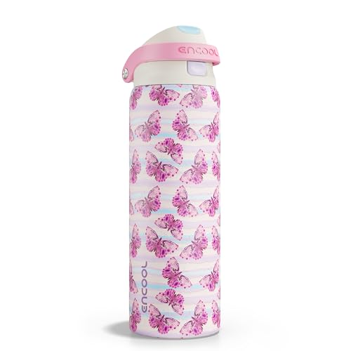 Image of ENCOOL Leakproof Insulated Water Bottle with Straw Dual-Sip Water Bottle Bag-Safe Design for Work, Commute & Gym - Keeps Drinks Cold All Day, 32 oz, Y2K Butterfly