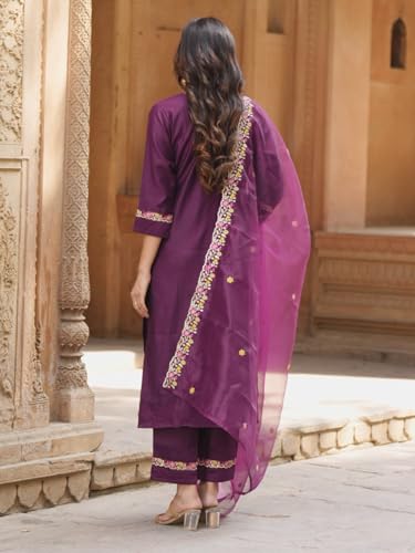 Image of VredeVogel Kurta Set with Dupatta | Viscose Rayon Embroidered Kurta Set for Women | Women's Ethnic Casual Kurti Set |Kurta Pant Festive Suit