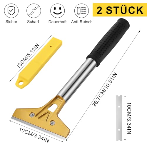 Xialvyu 2 Stück Tapetenentferner Set mit 20 Ersatzklingen und Schutzhülle,4’’ Tapetenschaber mit Gummigriff,Bodenschaber Fensterschaber Farbschaber zum Entfernen Kleber und Etiketten Fensterschaber