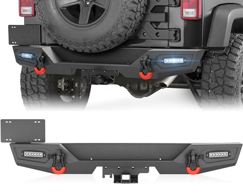 YZONA for Wrangler JK JKU Rear Bumper Compatible with 2007 2008 2009 2010 2011 2012 2013 2014 2015 2016 2017 2018 Jeep Wrangler JK JKU with LED Lights 2 Hitch Receiver License Plate Frame & D-Rings
