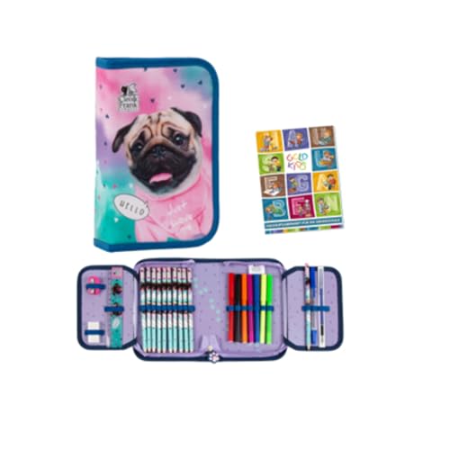 Goldkids - Federmäppchen 1 Fächer - Mäppchen für Mädchen und Jungen - Federmappe 1-Fach Federtasche Gefüllte Schüleretui - Schulmäppchen und Hausaufgabenheft - Hund Motiv