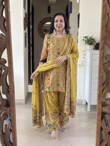 Image of ANNI Designer Kurta Sets for Women Viscose Printed | Kurti Set for Woman | Straight Kurta Narrow Farshi Salwar Dupatta Set | 3 Piece Set Women | Round-Neck 3 /4 Sleeve Regular Stylish Ethnic Outfit
