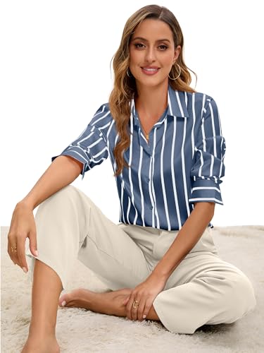 Image of Premium Soft Breathable Stretch Satin Silk Button Down Shirts for Women Long Sleeve Leopard Blouses Work Dress Tops
