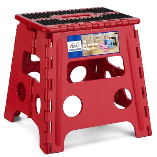 Image of ACKO Folding Step Stool - 13 inch Height Premium Heavy Duty Foldable Stool for Kids and Adults, Kitchen Garden Bathroom Stepping Stool (1 Pack) Dot Red