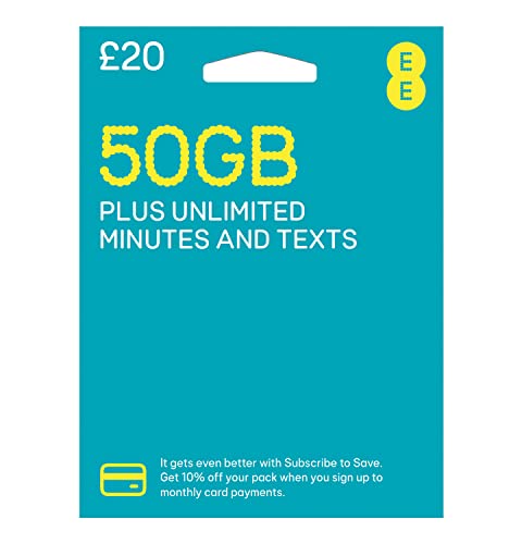 EE SIM Card UK PAYG £20 Bundle - 50GB + Unltd Texts & Mins + International Calling Option - (Love2surf RETAIL PACK)