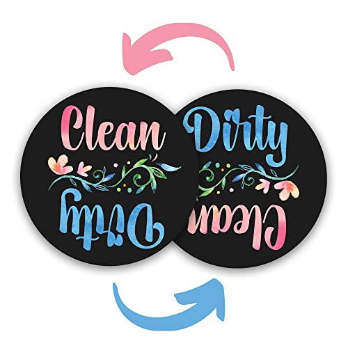 Floral Clean/Dirty Magnet Sign Indicator for Organized Kitchens - Ideal for Dishwasher and Laundry - Feminine Décor for Home & Office, Apartment - Black (3 Inch)