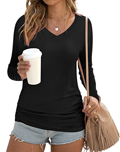 Anydoll Womens 2024 Long Sleeve Tunic Tops Casual Dressy Vneck Black T Shirts Ruched Blouse Large