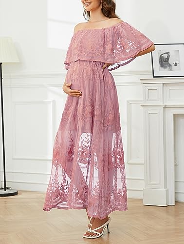 Image of HOYISHION Women's Off The Shoulder Floral Lace Maxi Dress White Bridesmaid Wedding Party Maternity Photoshoot Long Dresses