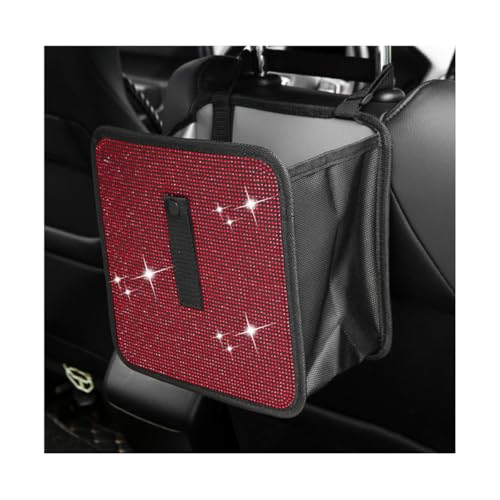 Image of Car Trash Can, Bling Rhinestone Crystal Waterproof Hanging Garbage Bag for Car Interior, Oxford Leakproof Foldable Waste Organizer Trash Bin Universal for Most Vehicles (Red)