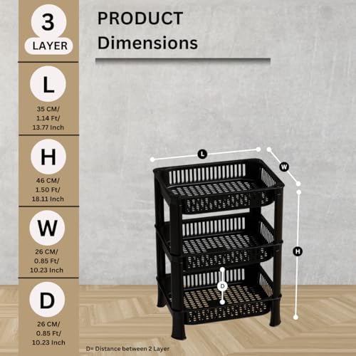 Image of Plastic Kitchen Rack, Multipurpose Vegetable & Fruit Storage Basket Organizer for Home, Pantry & Kitchen - Strong & Easy to Assemble (3 Layer, Black)