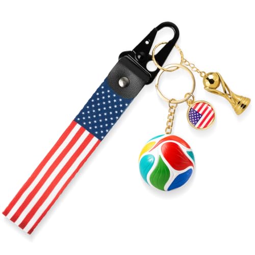 BIEDRTY 4PCS Soccer Keychain Set Inspired by World Cup Design 2026 Soccer Ball Keychains with Woven Strap and Country-Themed Emblem Sports Bag Decor Soccer Accessories for Fan Gift(United States)