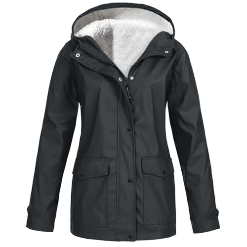 Chaqueta impermeable para mujer con forro polar y capucha, abrigo de lluvia de invierno cálido para exteriores, impermeable con bolsillos para senderismo y caminar, chaqueta casual de manga larga