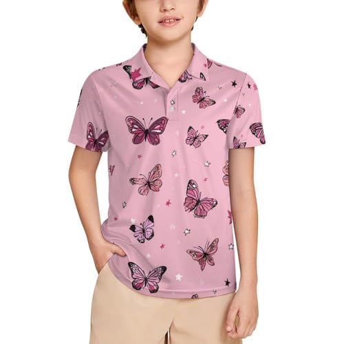 Boys' Classic Polo Shirts Short Sleeve Moisture-Wicking Golf & Tennis Shirts for Youth Teens Pink Dog