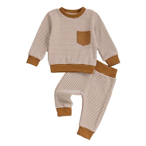 Image of ZAXARRA Baby Boy Fall Clothes Long Sleeve Toddler Boy Waffle Sweatshirt Pullover Tops Pants Infant Fall Winter Outfits