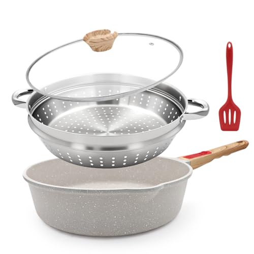 Bobikuke Pfanne 28cm mit Deckel, 4-Teiliges Set Antihaft Pfanne - (Bratpfanne Sauteuse mit Deckel, Dampfgarer, Silikonspatel), mit Abnehmbarem Griff, Ofenfest, PTFE & PFOA frei (Weiß)