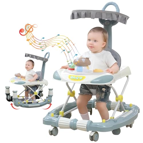 Image of Baby Walker with Wheels, Variable Rocking Horse, Interesting Walker for Baby boy Adjustable Height (8-17in) & Width, Baby Walkers for Boys, with, Foot pad/Handle, 2s Foldable (Blue)