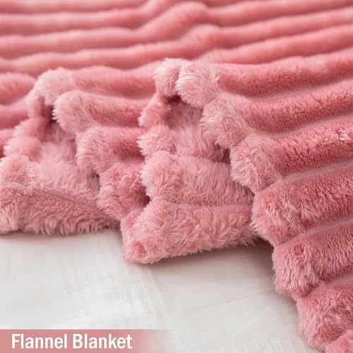 Image of WONJU Premium Ultra Soft Coral Fleece Blanket for Bed & Sofa | Warm Plush Ribbed Throw | Lightweight Cozy Winter Blanket | Machine Washable | Multiple Colors (Pink)