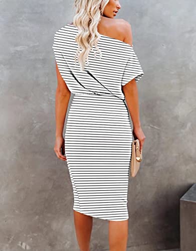 Image of EZBELLE Women's Summer Dress Off The Shoulder Short Sleeve Ribbed Casual Party Bodycon Midi Dresses