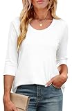 Crewhpo Women's 3/4 Sleeve T Shirts Crew Neck Basic Tops Casual Loose Fit Tees Summer Solid Color T-Shirt Elegant Tunic Blouses B-White