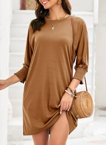 Image of Dokotoo Womens Dresses 2025 Spring 3 /4 Sleeve Fashion Dresses Crewneck Casual Mini Dress with Pockets S-XL