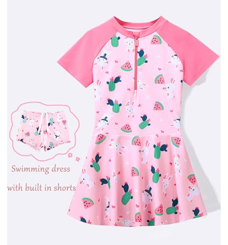 Image of Girls Swimsuit Girls One Piece Skirted Swimsuit Short Sleeve Floral Rash Guard Bathing Suit Swim Dress Swimwear